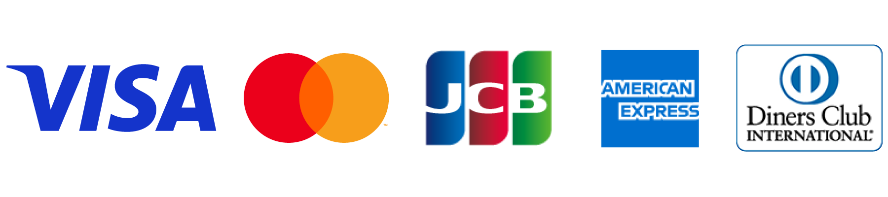 VISA、マスターカード、JCB、アメリカンエキスプレス、ダイナースクラブ