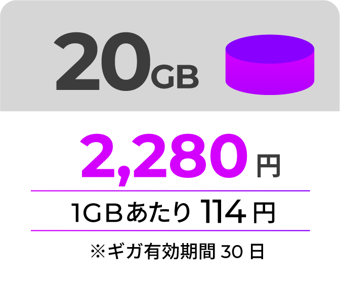 20GB 2,280円 1GBあたり114円 ギガ有効期限30日