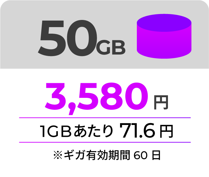 50GB 3,580円 1GBあたり71.6円 ギガ有効期限60日