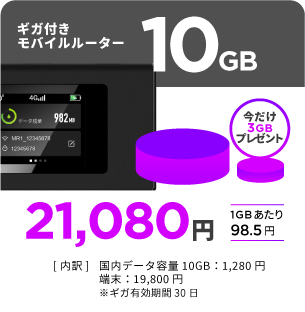 10GB付きモバイルルーター。今だけ3GBプレゼント。21,080円（1GBあたり98.5円）。[内訳]国内データ容量 10GB:1,280円、端末:19,800円、※ギガ有効期限30日