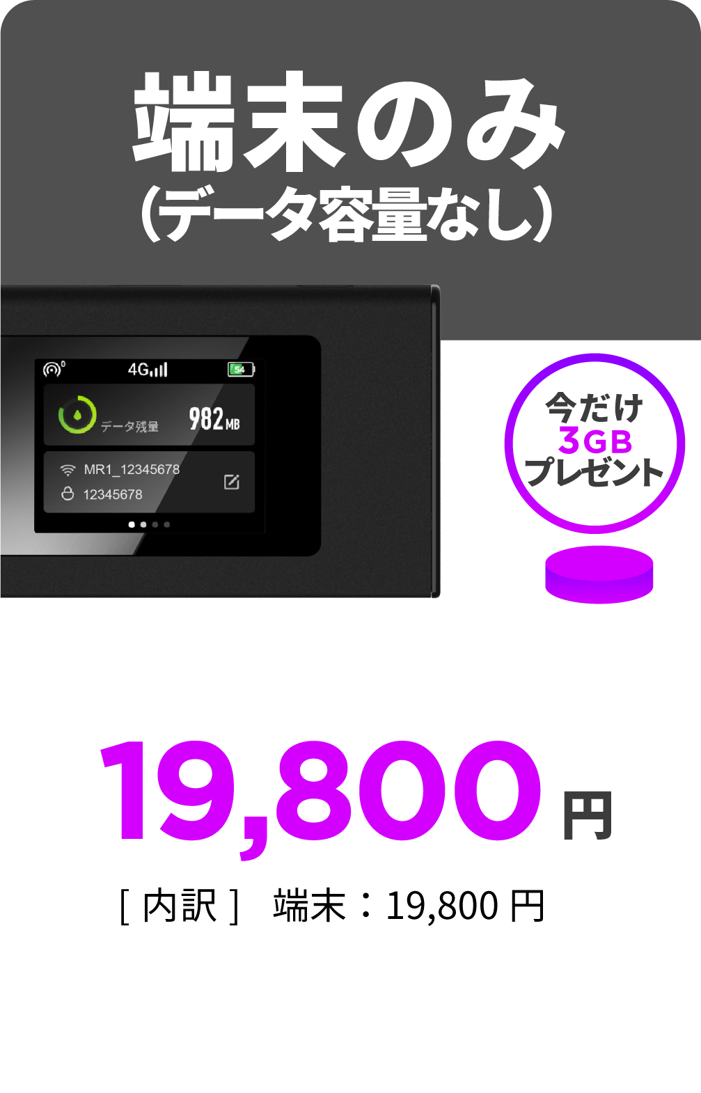 モバイルルーター端末のみ（データ容量なし）。今だけ3GBプレゼント。19,800円。[内訳]端末:19,800円