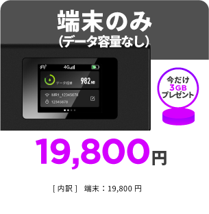 モバイルルーター端末のみ（データ容量なし）。今だけ3GBプレゼント。19,800円。[内訳]端末:19,800円